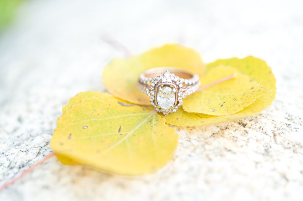 Diamond engagement ring on artfully arranged yellow autumn leaves