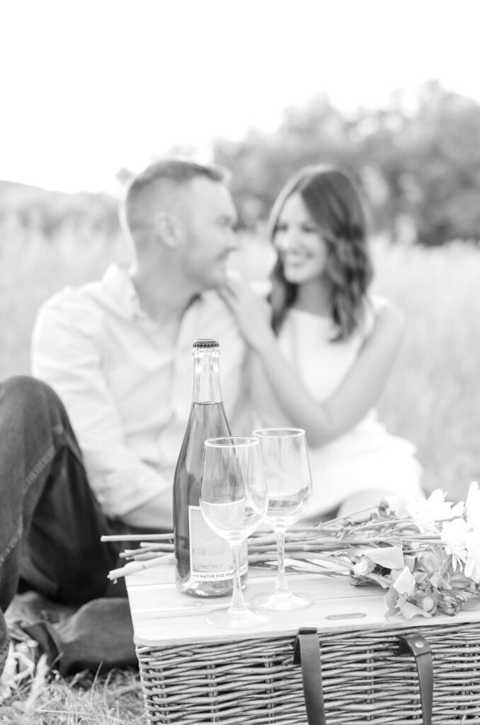 Couple sitting together in a field with a picnic basket and wine glasses in front of them