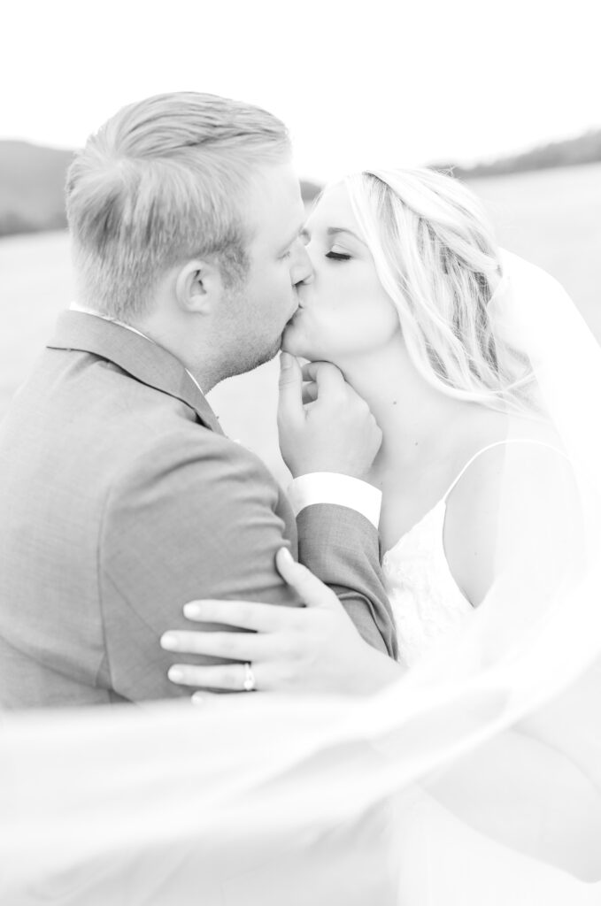 Newly married couple exchange a kiss as bride's veil swirls around them