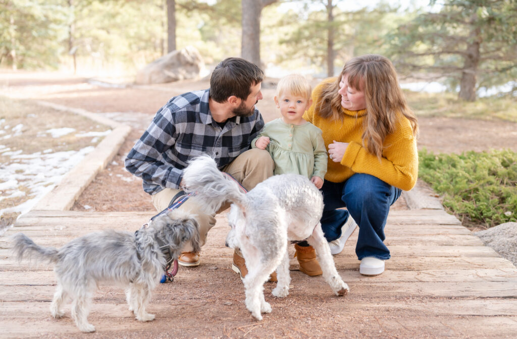 Parents laughing with their daughter and pets during an outdoor family photoshoot at Fox Run Regional Park in Colorado Springs