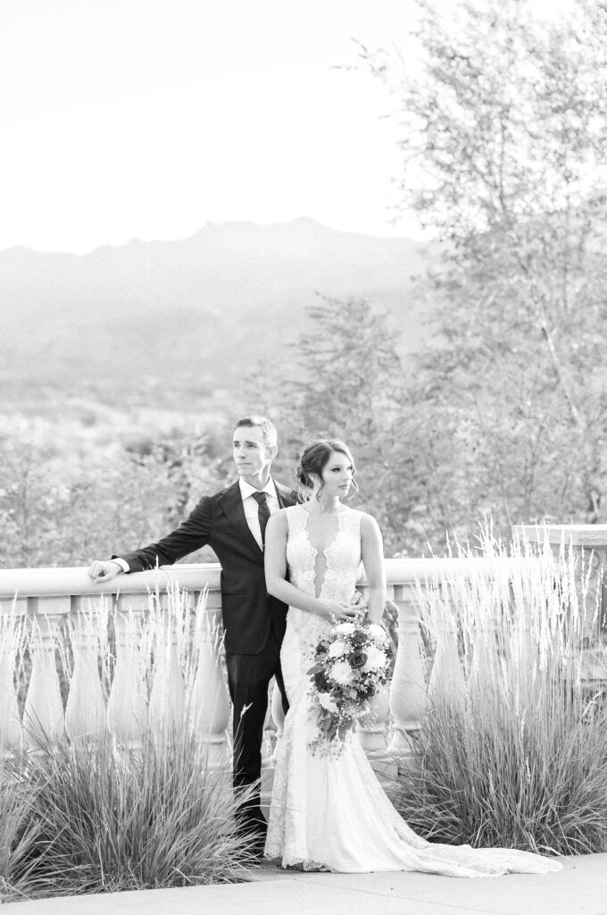 Bride and groom looking in opposite directions for editorial photo at The Pinery at The Hill 