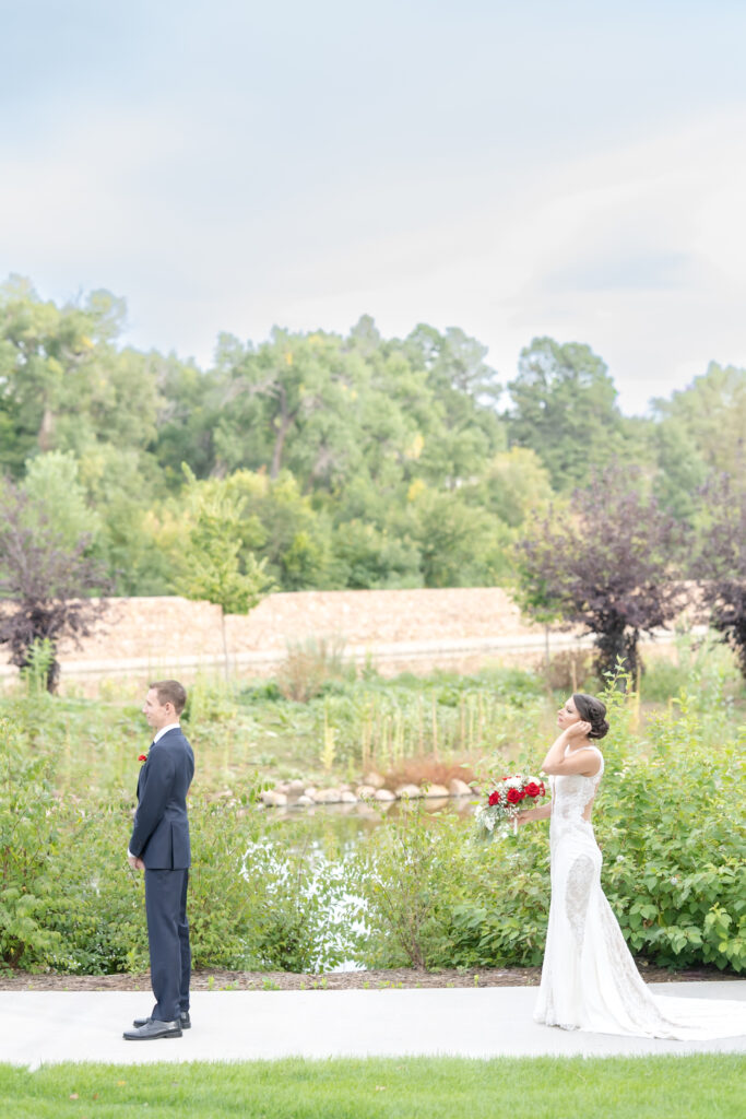 Bride and groom first look at The Pinery at The Hill 