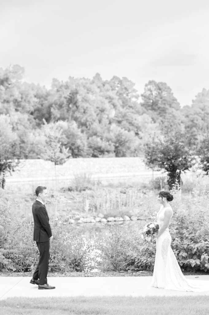 Groom seeing his bride for the first time in downtown Colorado Springs