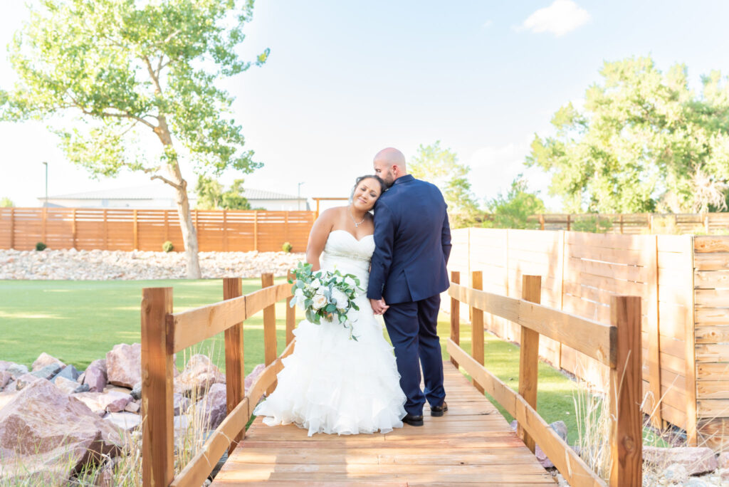 Bride and groom at Creekside Terrace, a Colorado Springs wedding venue. 