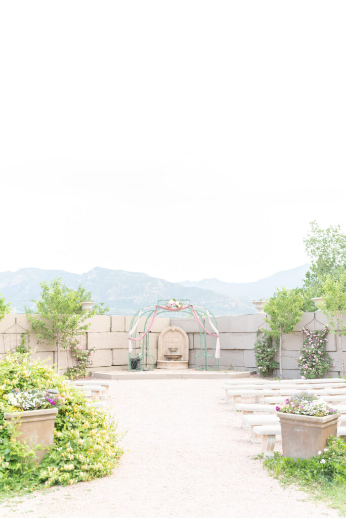 Wedding ceremony set-up at Hillside Garden, one of the top small wedding venues Colorado Springs. 