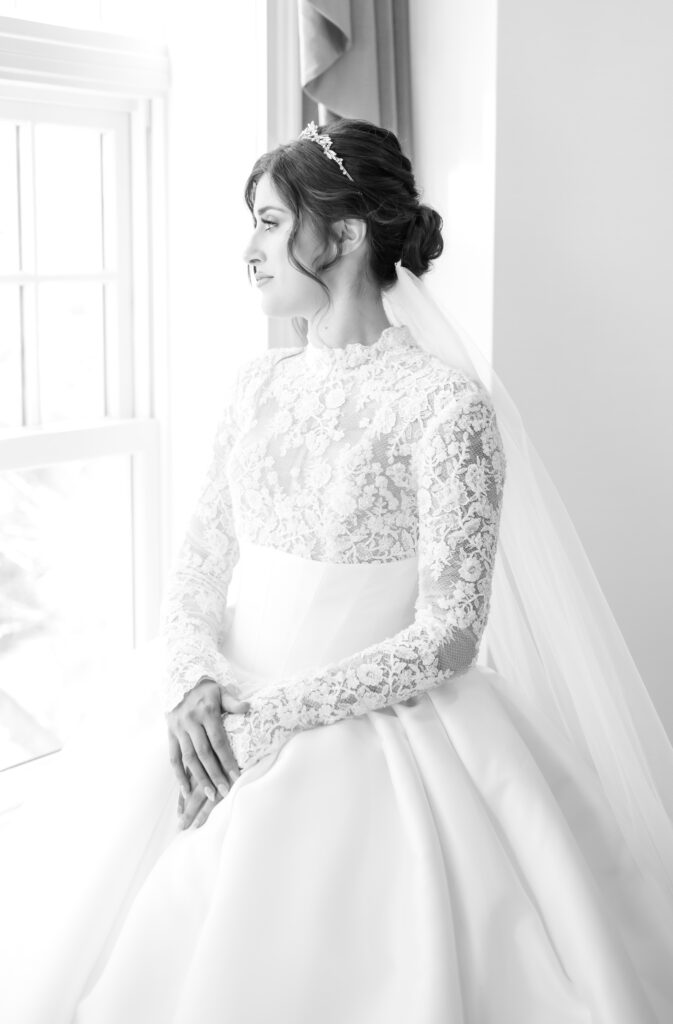 Black and white timeless bridal at The Broadmoor on her winter wedding day