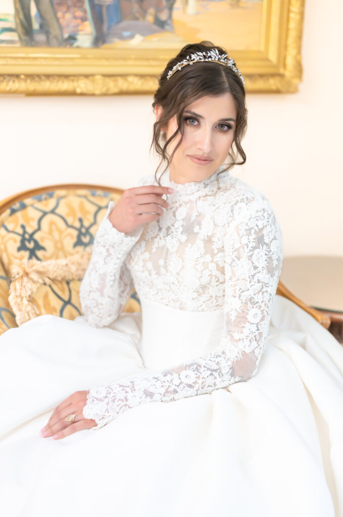 Timeless bridal portrait at The Broadmoor on her winter wedding day at The Broadmoor