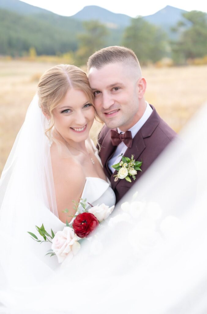 close-up portrait of a bride and groom during their colorado springs outdoor wedding portrait session