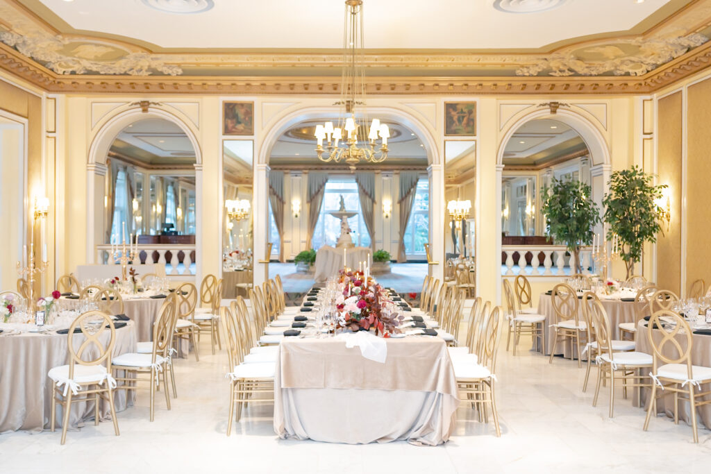 Reception set up photo in ballroom hall, at The Broadmoor wedding venue in Colorado Springs